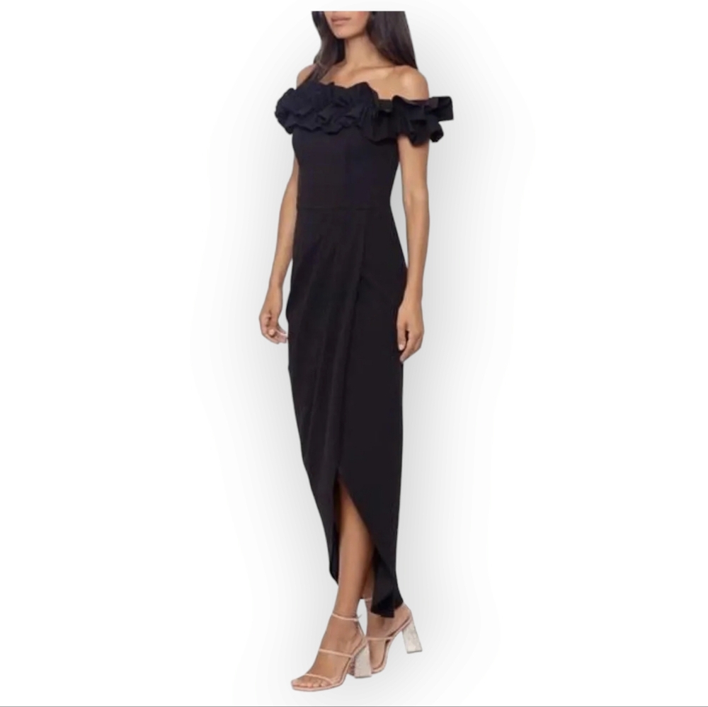 Xscape Black One-Shoulder Ruffle Evening Gown - Picture 3 of 10